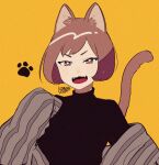  1girl animal_ears black_shirt brown_eyes brown_hair cat_ears cat_tail fangs kisaragi_yuu_(fallen_sky) looking_at_viewer open_mouth original shirt short_hair signature simple_background smile solo tail upper_body yellow_background 
