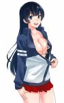  1girl agano_(kantai_collection) animal_print bikini bikini_top black_hair breasts cleavage cow_print cowboy_shot furufuru_fugu green_eyes highres jacket kantai_collection large_breasts long_hair open_clothes open_jacket open_mouth red_skirt simple_background skirt smile solo standing swimsuit two-tone_jacket upper_teeth white_background 