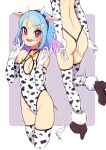  1girl 2021 :d aikatsu!_(series) aikatsu_friends! animal_ears animal_print ass back backless_leotard bare_shoulders bell bell_choker birthday blue_hair border braid breasts brown_footwear chinese_zodiac choker cleavage_cutout clothing_cutout cow_ears cow_girl cow_horns cow_print cow_tail cowbell cropped_legs fake_animal_ears fake_horns fake_tail french_braid from_behind fur_trim gradient_hair groin hair_ornament halterneck head_out_of_frame high_heels highleg highleg_leotard highres horns leotard minato_mio multicolored_hair multiple_views ok_sign open_mouth pointing pointing_down purple_eyes purple_hair round_teeth small_breasts smile star_(symbol) star_hair_ornament symbol_commentary tail teeth thighhighs thong_leotard ukokkei upper_teeth v white_border wing_hair_ornament year_of_the_ox 