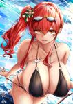  1girl azur_lane bikini black_bikini breasts covered_nipples eyebrows_visible_through_hair goggles goggles_on_head highleg highleg_bikini highres holding holding_whistle huge_breasts ibara_azuki italian_flag multi-strapped_bikini multiple_straps o-ring o-ring_bikini pool pool_ladder poolside red_eyes red_hair side_ponytail skindentation solo swimsuit water wet whistle whistle_around_neck yellow_eyes zara_(azur_lane) zara_(poolside_coincidence)_(azur_lane) 