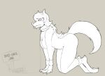  2021 all_fours annoyed anthro breasts canid canine cleo_(sharkrags) collar collar_only english_text female hair koopacap mammal nipples side_view sign simple_background solo text were werecanid werecanine werewolf 