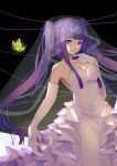  1girl absurdres blue_eyes blue_hair bridal_veil bride bug butterfly closed_mouth dress elbow_gloves eyebrows_behind_hair frilled_dress frills furudo_erika gloves highres insect long_hair sleeveless sleeveless_dress smile solo twintails umineko_no_naku_koro_ni veil wedding_dress white_dress white_gloves xiaoaxiesiyangyuan 