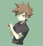  1boy artist_name bangs blue_oak brown_hair closed_mouth collared_shirt commentary_request green_background hand_on_own_arm hari611 holding holding_poke_ball male_focus poke_ball poke_ball_(basic) pokemon pokemon_(game) pokemon_frlg shirt short_sleeves sideways_glance solo spiked_hair upper_body 