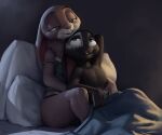  2021 angelica_(mama_sally) anthro anthro_on_anthro bed bedding black_body black_fur blanket blue_eyes brown_body brown_fur buckteeth charlie_(s1m) clothed clothing duo female fur furniture hi_res lagomorph larger_female leporid light lighting male male/female mammal on_bed open_mouth open_smile pillow pink_nose rabbit s1m shaded sitting size_difference smaller_male smile teeth underwear white_body white_fur 