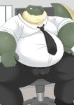  2021 anthro bake_gosut belly blush bottomwear chair clothing crocodilian eyes_closed furniture green_body hi_res kemono male necktie overweight overweight_anthro overweight_male pants reptile scalie shirt sitting solo topwear 