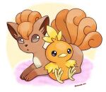  animal_focus artist_name bangs border brown_eyes closed_mouth commentary_request full_body gen_1_pokemon gen_3_pokemon looking_at_viewer no_humans open_mouth outline outside_border pokemon pokemon_(creature) purple_eyes red_hair rorosuke short_hair simple_background sitting torchic twitter_username vulpix white_border yellow_background 