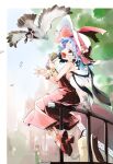  2girls bat_wings bird blue_hair bracelet dress fang fifiruu flower food hat hat_flower hat_ribbon high_heels highres hong_meiling jewelry multiple_girls pink_dress red_eyes red_hair remilia_scarlet ribbon sandwich short_hair sleeveless touhou wings 