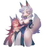  2020 4_fingers animal_humanoid big_breasts blue_eyes blush breasts canid canid_humanoid canine canine_humanoid cleavage clothed clothing duo female fingers fur hair hand_on_breast hi_res humanoid kemono long_hair mammal mammal_humanoid open_mouth open_smile red_eyes red_hair side_boob simple_background small_breasts smile standing utterangle white_background white_body white_fur white_hair 