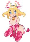  1girl :3 :d animal_ears animal_print bell between_legs big_hair bikini blonde_hair blue_eyes breasts commentary commission cow_ears cow_horns cow_print cow_tail cowbell english_commentary full_body gloves hairband halphelt hand_between_legs heart heart-shaped_pupils highres horns kneeling large_breasts looking_at_viewer medium_hair neck_bell open_mouth original pink_bikini pink_gloves pink_legwear simple_background smile solo swimsuit symbol-shaped_pupils tail thighhighs white_background 