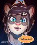  2020 anthro blue_eyes brown_hair clothing digital_media_(artwork) english_text felid female hair hi_res looking_at_viewer luxarman mammal open_mouth orio_(character) pantherine short_hair smile snow_leopard solo speech_bubble teeth text tongue wiskers 