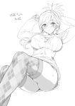  1girl :&lt; alternate_costume argyle argyle_legwear arms_up bangs blush breasts closed_mouth eyebrows_visible_through_hair fate/grand_order fate_(series) greyscale hair_between_eyes highres hisasi large_breasts lineart long_sleeves miyamoto_musashi_(fate/grand_order) monochrome simple_background sketch solo sweat sweater thighhighs thighs 
