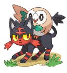  :3 animal_focus artist_name black_sclera cat closed_mouth colored_sclera commentary_request full_body gen_7_pokemon grass happy litten looking_at_another looking_back no_humans outline pokemon pokemon_(creature) red_eyes riding rorosuke rowlet simple_background smile standing twitter_username white_background white_eyes yellow_sclera 