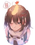  ! !! 1girl bangs blush brown_eyes brown_hair closed_mouth commentary_request eyebrows_visible_through_hair food food_on_head hair_between_eyes hair_ornament kantai_collection medium_hair object_on_head one_eye_closed remodel_(kantai_collection) rinto_(rint_rnt) scarf sendai_(kantai_collection) shrimp shrimp_tempura simple_background sleeveless solo spoken_exclamation_mark tempura two_side_up upper_body white_background white_scarf 