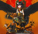  1girl alternate_costume axe bangs bigcat_114514 bird_wings black_hair black_legwear black_wings blood blood_splatter bow chain cobblestone colored_inner_hair commentary cosplay dress full_body gauntlets green_dress hair_bow highres holding holding_axe khorne_berserker khorne_berserker_(cosplay) long_hair looking_to_the_side mismatched_footwear multicolored_hair open_mouth orange_background red_eyes red_hair reiuji_utsuho shoes single_shoe skull sleeveless sleeveless_dress solo standing stone_floor teeth third_eye touhou very_long_hair warhammer_40k white_dress wings 