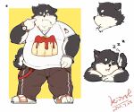  anthro belly black_body black_fur bottomwear canid canine canis clothing domestic_dog eyes_closed footwear fur hi_res humanoid_hands kemono kisort male mammal overweight overweight_anthro overweight_male pants sandals shirt solo topwear white_body white_fur 