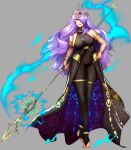 1girl absurdres alex_(cerealex) alternate_costume armband bare_shoulders black_nails black_panties bodysuit breasts camilla_(fire_emblem) covered_navel fire_emblem fire_emblem_fates fire_emblem_heroes grey_background groin groin_tendon hair_over_one_eye highres holding holding_weapon large_breasts lipstick long_hair long_legs makeup panties pink_eyes purple_hair see-through sheer_bodysuit sheer_clothes sheer_legwear simple_background solo underwear weapon wide_hips 