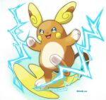 alolan_form alolan_raichu animal_focus artist_name blue_eyes blush_stickers commentary_request electricity full_body gen_7_pokemon happy highres multicolored multicolored_eyes no_humans open_mouth pokemon pokemon_(creature) rorosuke simple_background smile solo twitter_username white_background yellow_eyes 