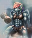  abs absurd_res anthro barbell biceps bottomwear bra clothing equid equine exercise female friendship_is_magic gym_bottomwear gym_clothing gym_shorts hasbro hi_res horse inner_ear_fluff looking_at_viewer mammal muscular muscular_anthro muscular_female muscular_thighs my_little_pony pegasus piercing pony rainbow_dash_(mlp) rizzyofen shorts smile smirk solo sports_bra tuft underwear wings workout 