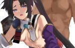  arm_support armor black_hair blush breast_curtains breasts breath clothed_female_nude_male detached_sleeves fate/grand_order fate_(series) half-closed_eyes implied_sex japanese_armor kesoshirou leaning_forward long_hair medium_breasts navel nude open_mouth purple_eyes saliva shoulder_armor simple_background sweat ushiwakamaru_(fate/grand_order) white_background 