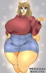  absurd_res anthro big_breasts blue_eyes bottomwear breasts canid canine canis clothing domestic_dog english_text female hand_on_hip hi_res huge_breasts june_(jinu) mammal mature_female skirt solo text thehoodeddragon thick_thighs 