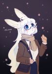  anthro black_background blush clothed clothing eyewear fully_clothed fur glasses gloves gradient_background hair handwear hi_res kemono lagomorph leporid long_hair looking_up mammal purse rabbit ressue scarf simple_background snow snowing standing white_body white_fur white_hair 