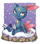  :3 artist_name blue_fur body_fur border claws closed_mouth commentary_request forehead full_body furry gen_2_pokemon happy highres looking_up moss outdoors outline outside_border pokemon pokemon_(creature) purple_background red_eyes rorosuke sitting smile sneasel snow snowing solo twitter_username white_border 