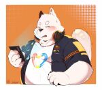  2021 anthro belly blush canid canine canis cellphone clothing domestic_dog eyes_closed fur kemono kisort male mammal overweight overweight_male phone shirt smartphone topwear white_body white_fur 