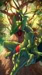  3_fingers 3_toes ambiguous_gender claws detailed_background elemental_creature feet feral fingers flora_fauna green_body hi_res karamimame leaf light nintendo open_mouth plant pok&eacute;mon pok&eacute;mon_(species) sceptile solo sunlight toes tongue tree video_games vines 