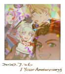  1girl 3boys :d alzi_xiaomi anniversary arm_up bangs blonde_hair blue_eyes blurry brown_hair cake character_request claude_von_riegan close-up collar confetti dated dimitri_alexandre_blaiddyd edelgard_von_hresvelg eyebrows_visible_through_hair fire_emblem fire_emblem:_three_houses food framed from_side garreg_mach_monastery_uniform green_eyes hair_between_eyes highres holding holding_cake holding_food long_hair long_sleeves looking_at_another looking_at_viewer looking_down multiple_boys open_mouth parted_bangs parted_lips party photo_(object) purple_eyes purple_hair short_hair signature silver_hair simple_background smile surprised sweatdrop uniform 