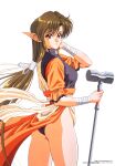  1990s_(style) 1994 1girl anjela bandages brown_hair company_name copyright cowboy_shot hair_tubes hammer hand_on_own_face highres holding long_hair long_pointy_ears looking_at_viewer megami_paradise non-web_source official_art parted_lips photoshop_(medium) pink_background pointy_ears red_eyes short_sleeves sidelocks simple_background solo very_long_hair white_background yoshizane_akihiro 