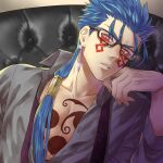  1boy afglo angry beads bespectacled blue_hair bodypaint close-up closed_mouth collared_shirt cu_chulainn_(fate)_(all) cu_chulainn_alter_(fate/grand_order) dark_persona earrings facepaint fate/grand_order fate_(series) formal glasses hair_beads hair_ornament head_rest jewelry long_hair long_sleeves looking_at_viewer male_focus necktie open_clothes open_shirt ponytail red_eyes shirt solo spiked_hair type-moon undone_necktie 
