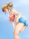  1girl ass blonde_hair blue_shorts blush boku_no_hero_academia bra breasts cleavage dolphin_shorts from_below hair_bun hand_on_own_chest highres leaning_forward looking_at_viewer pink_bra shorts smile solace solo sports_bra thighs toga_himiko track_and_field underwear wet yellow_eyes 