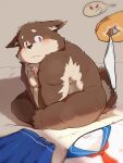 2020 3:4 anthro belly blush brown_body brown_fur canid canine canis clothing domestic_dog fur hi_res humanoid_hands kemono kisort male mammal overweight overweight_male sitting solo_focus underwear 