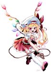  1girl ascot blonde_hair bow crystal fang fifiruu flandre_scarlet frills hat hat_ribbon medium_hair mob_cap one_side_up puffy_short_sleeves puffy_sleeves red_bow red_eyes red_ribbon red_vest ribbon shirt short_sleeves side_ponytail skirt skirt_set solo touhou vest wings yellow_neckwear 