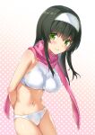  1girl arms_behind_back bangs bikini blush breasts chunithm eyebrows_visible_through_hair fur_bikini fur_hairband green_eyes green_hair hairband highres hisasi irodorimidori large_breasts long_hair pink_scarf polka_dot polka_dot_background scarf sidelocks simple_background smile solo swimsuit tsukisuzu_shirona white_bikini 