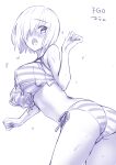  1girl ass bangs bikini blush breasts character_name eyebrows_visible_through_hair fate/grand_order fate_(series) hair_over_one_eye highres hisasi large_breasts mash_kyrielight monochrome open_mouth purple_theme short_hair side-tie_bikini simple_background solo striped striped_bikini swimsuit swimwear 