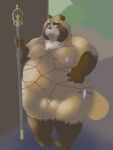  2021 3:4 anthro balls bdsm belly big_balls bondage bound brown_body brown_fur canid canine fur genitals hi_res kemono magatsuhinokami male mammal moobs navel nipples overweight overweight_anthro overweight_male penis raccoon_dog rope solo tanuki 