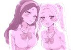  2girls :d aikatsu! aikatsu!_(series) blush bow bowtie breasts collared_shirt daichi_nono dress_shirt drill_hair hair_intakes hair_ornament hair_scrunchie hairband large_breasts long_hair long_sleeves looking_at_viewer loose_bowtie medium_breasts mole mole_under_eye monochrome multiple_girls open_mouth parted_lips sbs school_uniform scrunchie shirakaba_risa shirt simple_background smile twin_drills twintails upper_body white_background 
