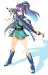  1girl azuumori belt blue_dress blue_footwear blue_gloves boots brown_belt closed_mouth commentary dress english_commentary fir_(fire_emblem) fire_emblem fire_emblem_heroes gloves hair_between_eyes highres holding holding_sword holding_weapon legs_apart looking_at_viewer ponytail purple_eyes purple_hair scabbard sheath short_dress signature smile solo standing sword unsheathing weapon 