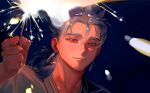  1boy absurdres alternate_hairstyle blue_hair close-up closed_mouth cu_chulainn_(fate)_(all) cu_chulainn_(fate/grand_order) earrings fate/stay_night fate_(series) fireworks hair_bun highres jewelry lancer long_hair looking_at_viewer male_focus red_eyes slit_pupils smile solo sparkle sparkler spiked_hair taro-k type-moon 