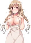  1girl absurdres apron blush braid breasts brown_eyes closed_mouth collarbone eyebrows_visible_through_hair highres kantai_collection large_breasts light_brown_hair long_hair minegumo_(kantai_collection) naked_apron ruin_re_birth simple_background solo twin_braids white_apron white_background 