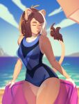  2020 5_fingers anthro beach blurred_background breasts brown_hair clothed clothing countershading dandee_(character) detailed_background felid female fingers fur hair hi_res humanoid_face humanoid_hands lion long_hair luxarman mammal pantherine seaside solo swimwear water watermark 