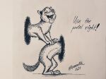  2021 anthro backrub bent_over black_and_white canid canine dated english_text hi_res humor looking_pleasured male mammal massage monochrome nik159 open_mouth open_smile pen_(artwork) portal smile solo standing text thinking_with_portals tongue tongue_out traditional_media_(artwork) url 