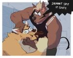  anthro borkthunder brown_body brown_fur canid clothed clothing cross-popping_vein duo food fur hair hand_on_head hi_res male mammal muscular muscular_male orange_body orange_fur overweight overweight_male pocky tattoo vein wide_eyed 