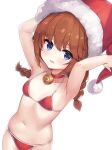  1girl 2drr armpits arms_up bangs bare_arms bare_shoulders bell bell_choker bikini blue_eyes blush braid breasts brown_hair choker christmas collarbone commentary_request cowboy_shot dutch_angle eyebrows_visible_through_hair fur-trimmed_headwear hat highres jingle_bell long_hair looking_at_viewer navel open_mouth princess_connect! princess_connect!_re:dive red_bikini red_choker red_headwear santa_bikini santa_hat simple_background small_breasts solo standing stomach swimsuit twin_braids white_background yuni_(princess_connect!) 