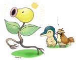  ... ^_^ artist_name bellsprout bird black_eyes brown_eyes closed_eyes commentary_request crown cyndaquil full_body gen_1_pokemon gen_2_pokemon grass grey_outline outline pidgey pokemon pokemon_(creature) rorosuke running standing twitter_username 