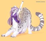  2021 4_toes 5_fingers black_spots breasts digital_media_(artwork) feet felid female fingers fur green_eyes grey_body grey_fur hair mammal matemi navel pantherine purple_hair simple_background snow_leopard solo spots spotted_body spotted_fur taur toes yellow_background 