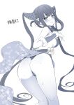  1girl ass bangs blue_theme blush breasts china_dress chinese_clothes dress eyebrows_visible_through_hair fate/grand_order fate_(series) from_below fur_trim hair_ornament highres hisasi leaf_hair_ornament long_hair monochrome panties sidelocks simple_background smile solo sweat twintails underwear very_long_hair yang_guifei_(fate/grand_order) 