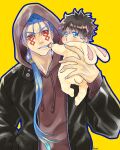  2boys afglo age_regression alternate_costume angry animal_costume baby black_hair blue_hair bunny_costume closed_mouth contemporary cosplay cu_chulainn_(fate)_(all) cu_chulainn_alter_(fate/grand_order) dark_persona earrings facepaint fate/grand_order fate_(series) fujimaru_ritsuka_(male) green_eyes holding_another hood hood_up hoodie jacket jewelry kigurumi leather leather_jacket long_sleeves male_focus multiple_boys pinching ponytail red_eyes sharp_teeth short_hair teeth type-moon yellow_background younger 