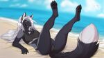  16:9 2021 4_toes 5_fingers anthro beach black_body black_fur breasts canid canine clothed clothing day detailed_background digital_media_(artwork) feet female fingers fox fur green_eyes hair lycangel mammal open_mouth outside sand seaside shoreline sky smile solo teeth toes tongue trish_(invasormkiv) water white_hair widescreen 